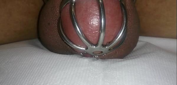  cumming in chastity device with vibrating egg ,hand free cum shot ,cock cage cum